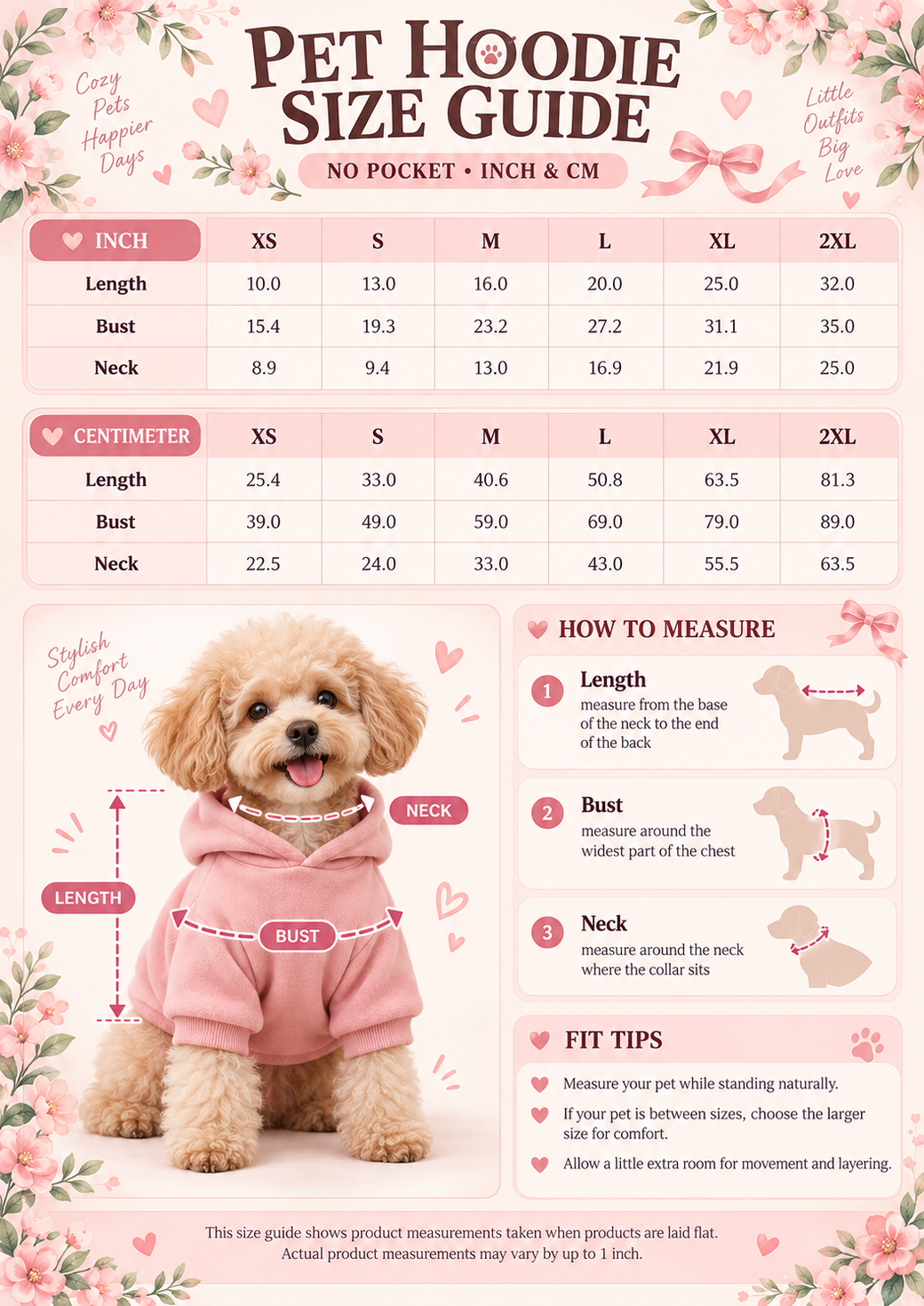 Pet Hoodie size guide