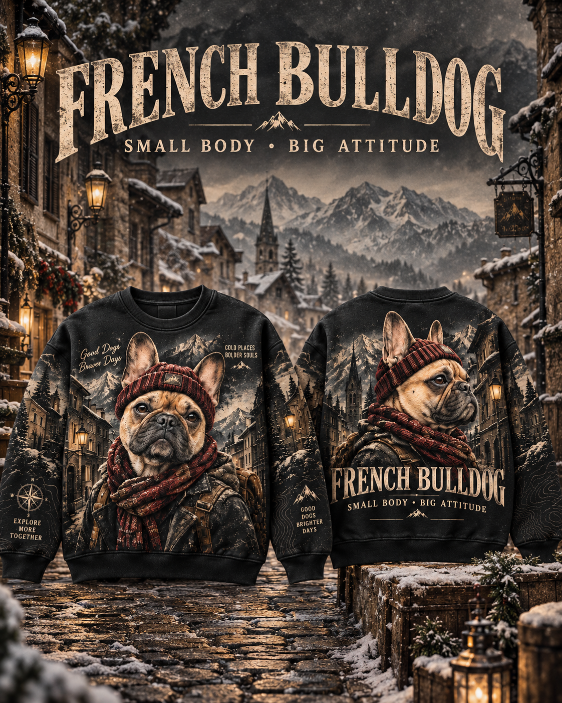 Vintage French Bulldog Winter Adventure Graphic Sweatshirt