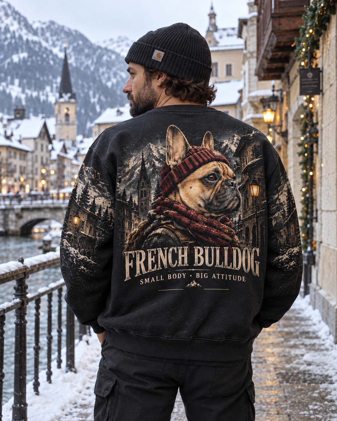 Vintage French Bulldog Winter Adventure Graphic Sweatshirt
