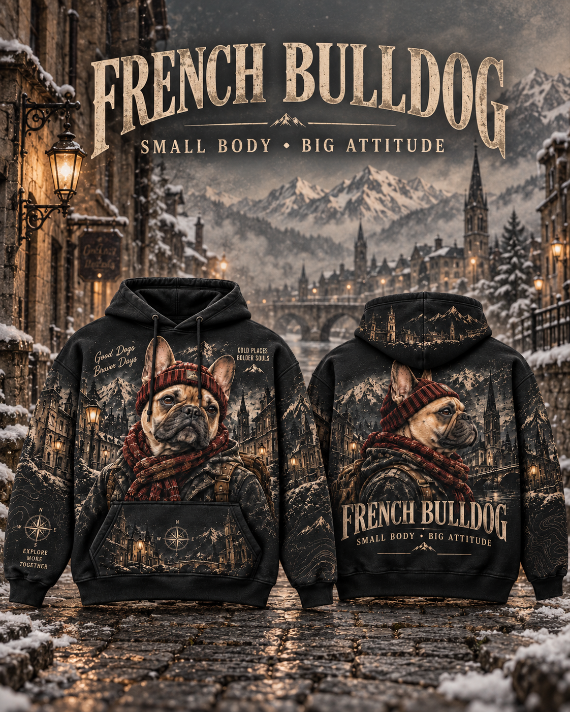 Vintage French Bulldog Winter Adventure Graphic Sweatshirt