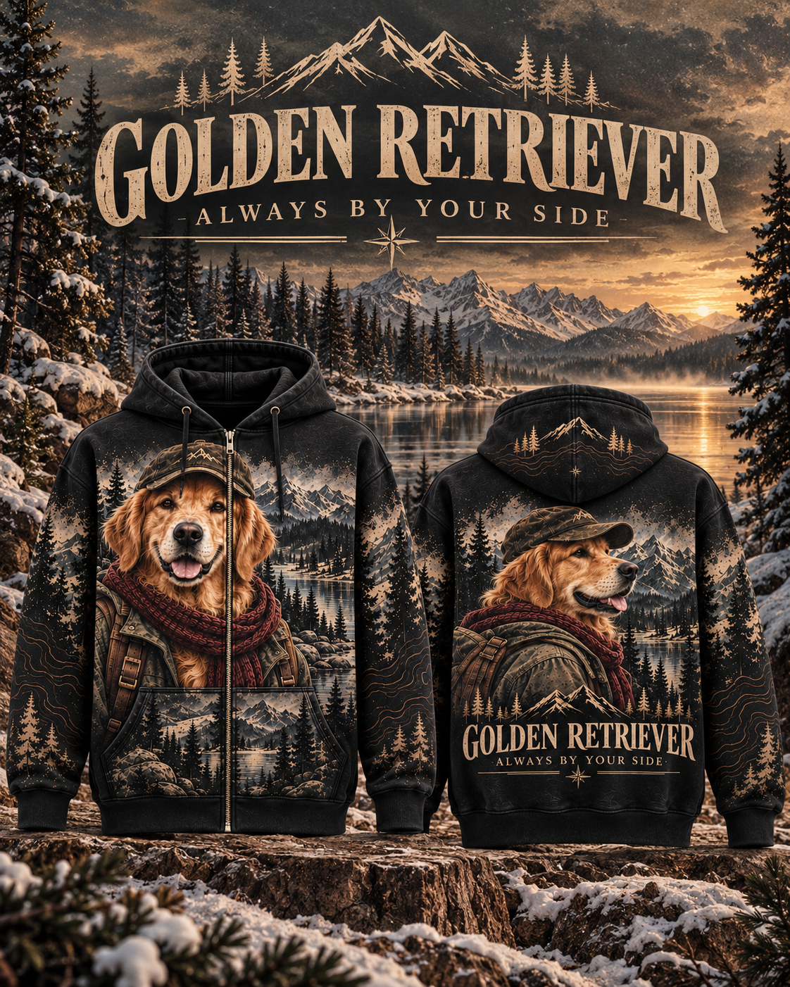 Vintage Golden Retriever Mountain Adventure Graphic Sweatshirt