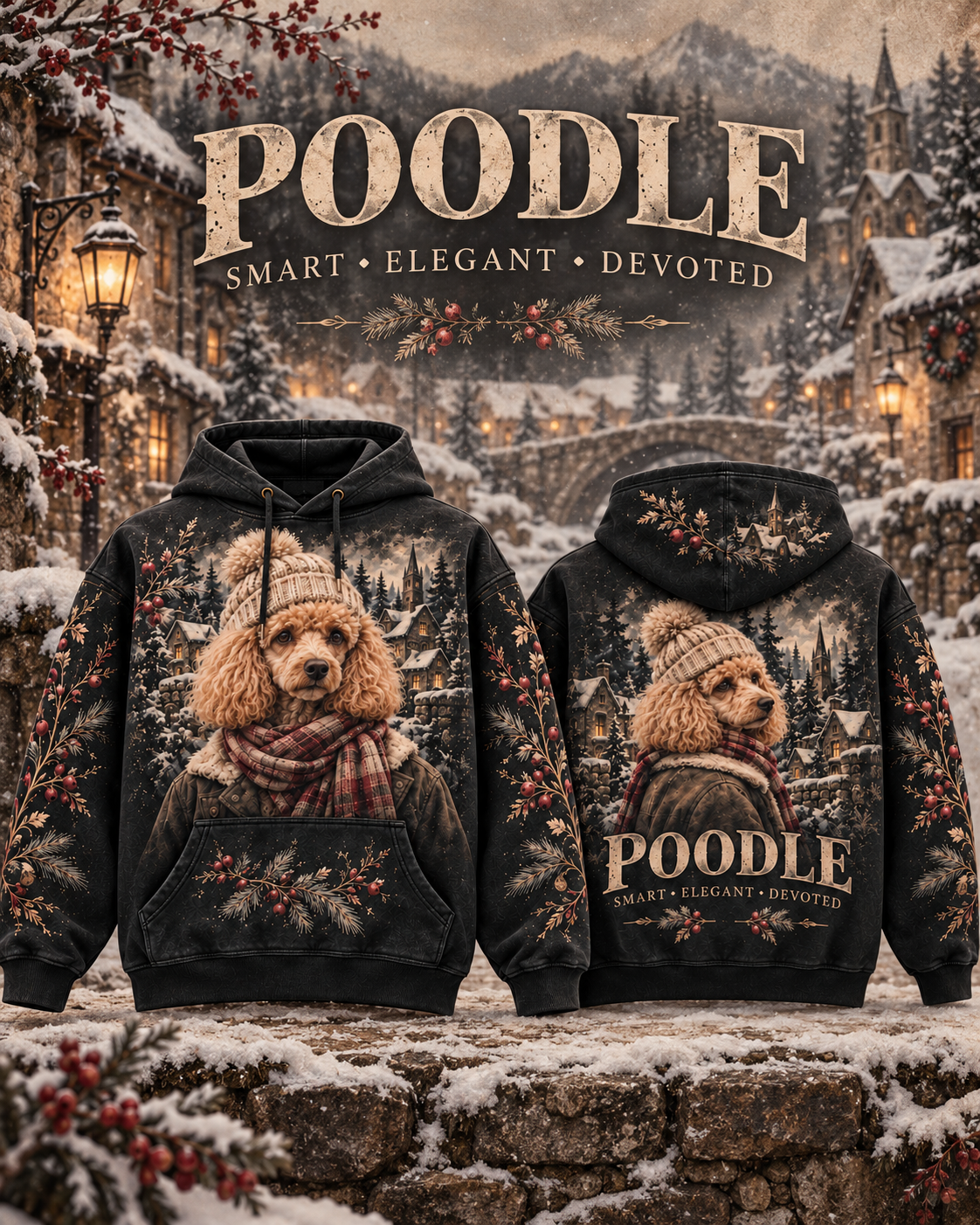 Vintage Poodle Winter Village Graphic Sweatshirt
