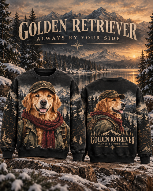 Vintage Golden Retriever Mountain Adventure Graphic Sweatshirt