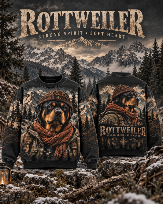 Vintage Rottweiler Mountain Adventure Graphic Sweatshirt
