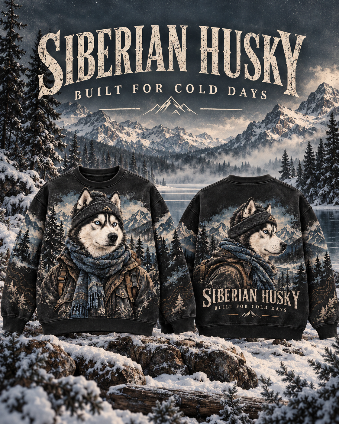 Vintage Siberian Husky Mountain Adventure Graphic Sweatshirt