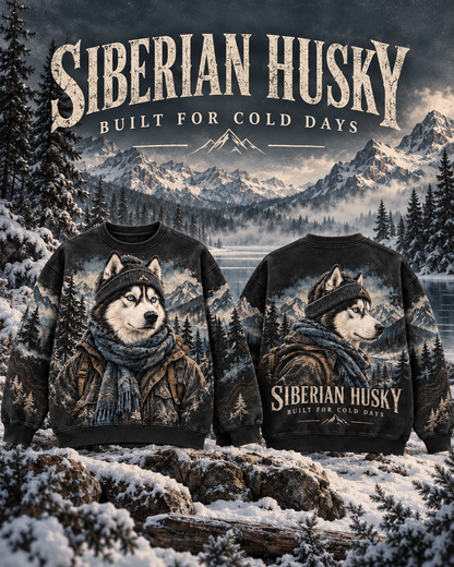 Vintage Siberian Husky Mountain Adventure Graphic Sweatshirt