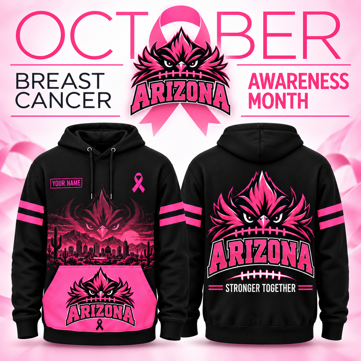 Personalized Football Team Spirit Breast Cancer Awareness Stronger Together Hoodie
