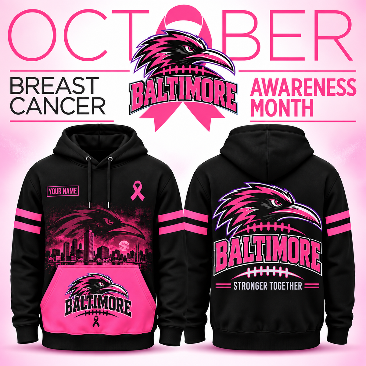 Personalized Football Team Spirit Breast Cancer Awareness Stronger Together Hoodie