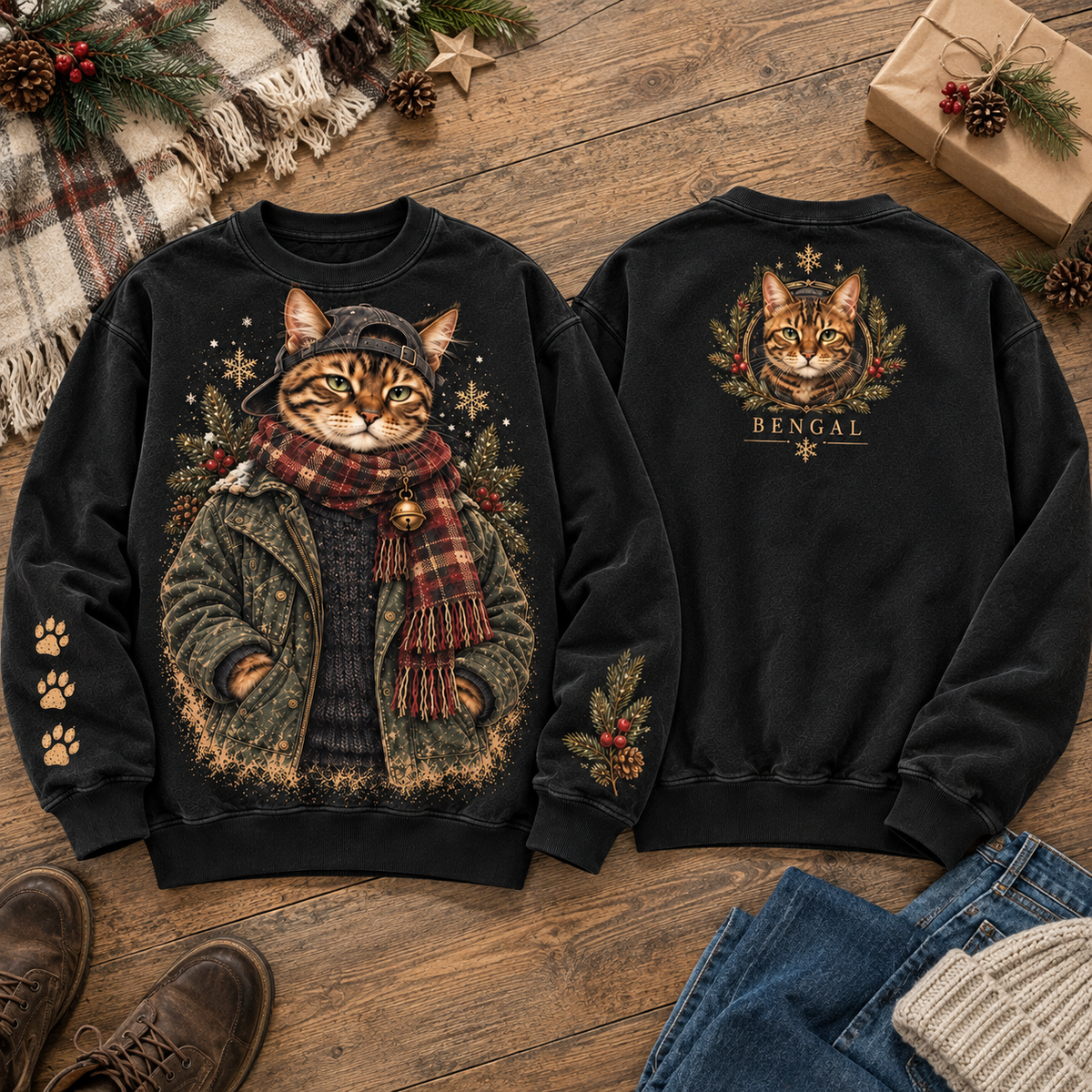 Vintage Winter Cat Graphic Sweatshirt