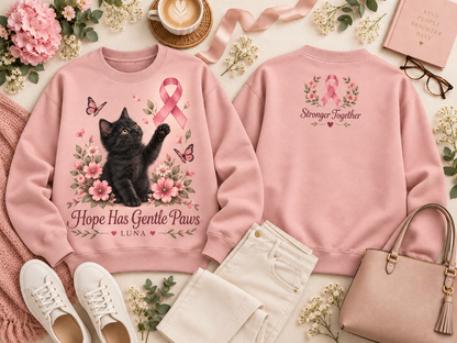 Personalized Hope Has Gentle Paws Cat Breast Cancer Awareness Custom Pet Name Sweatshirt