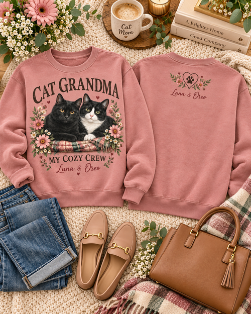 Personalized Cat Grandma My Cozy Crew Custom Pet Names Cat Lover Sweatshirt