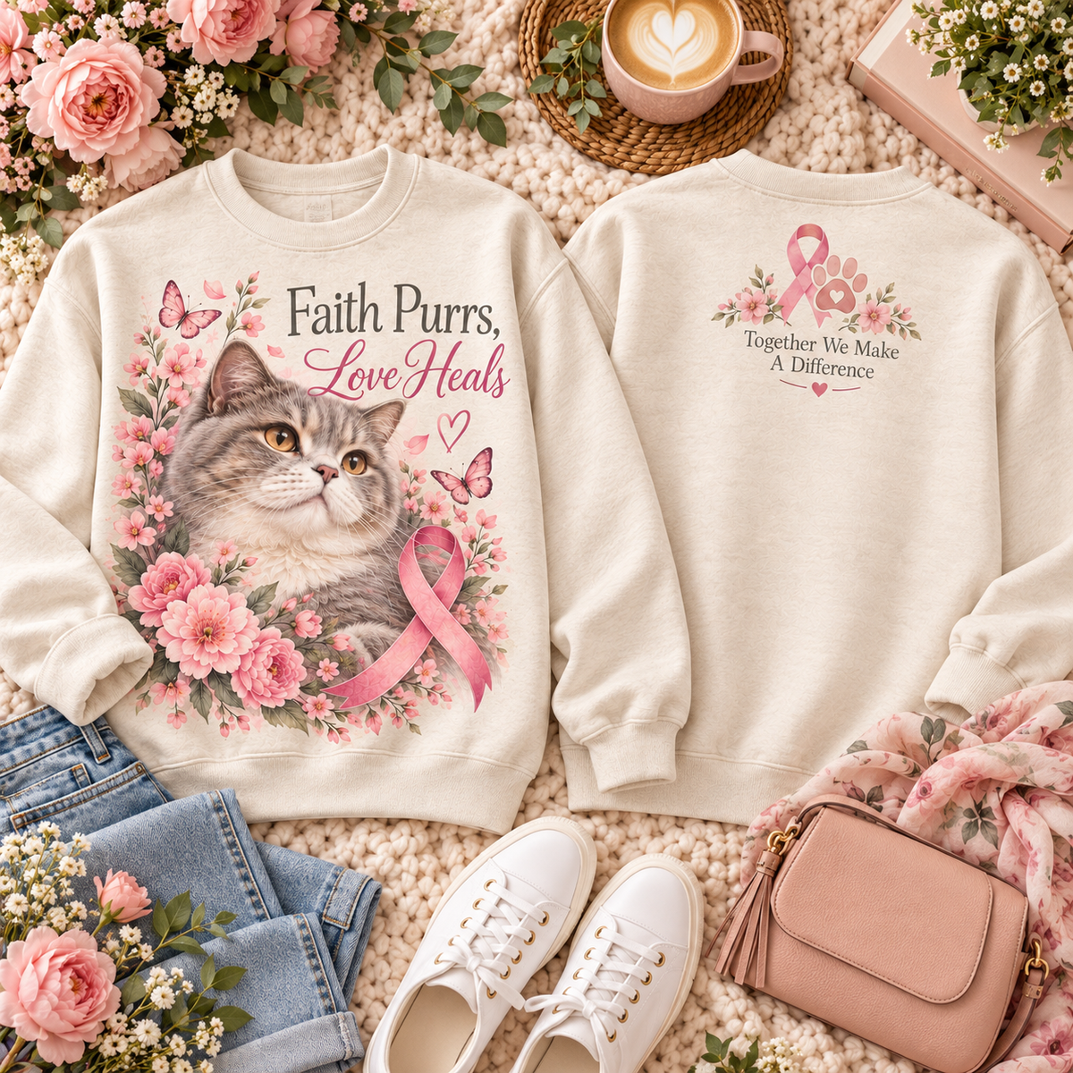 Faith Purrs Love Heals Pink Ribbon Cat Breast Cancer Awareness Sweatshirt