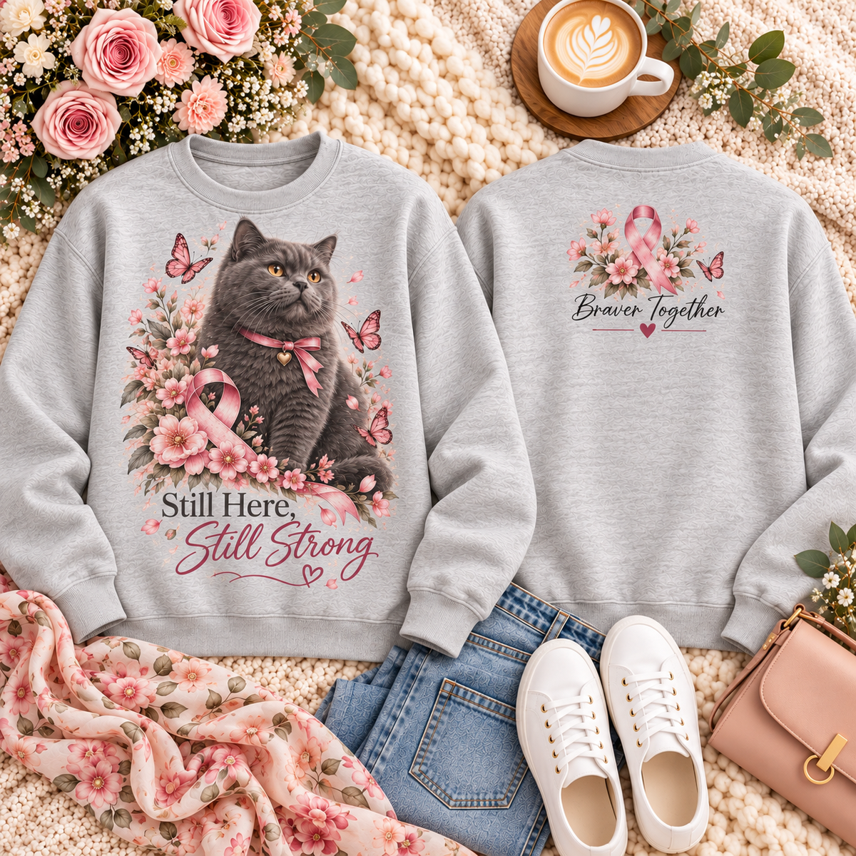 Still Here Still Strong Pink Ribbon Cat Breast Cancer Awareness Sweatshirt