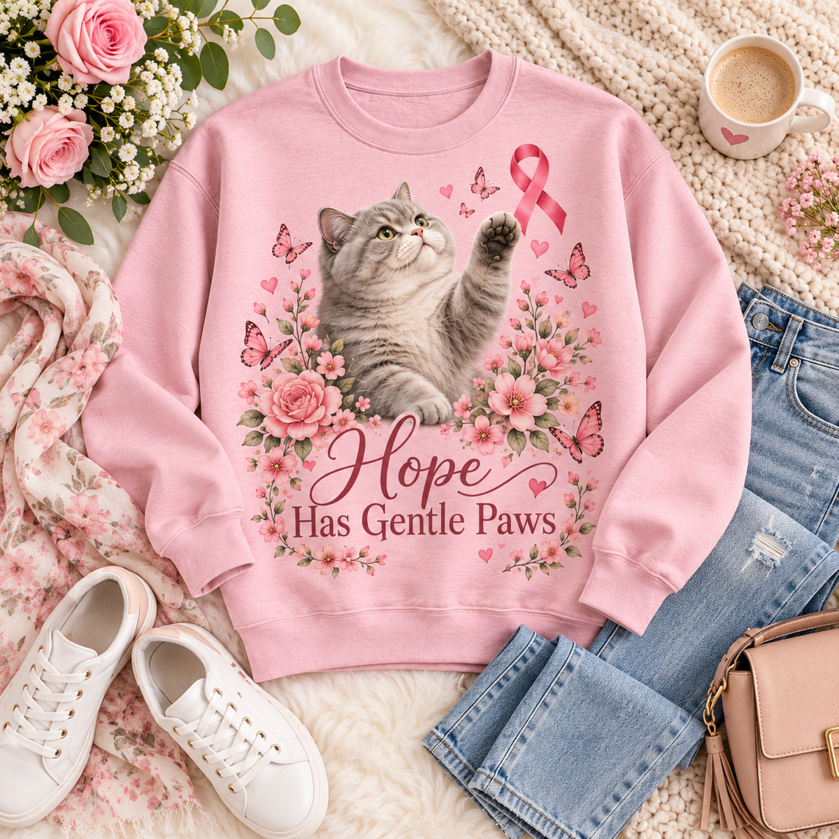Paws of Hope Stronger Together Cat Breast Cancer Awareness Sweatshirt