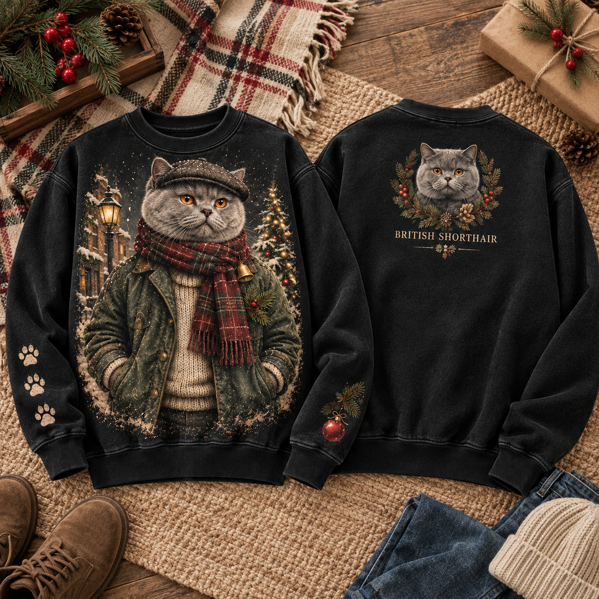 Vintage Winter Cat Graphic Sweatshirt