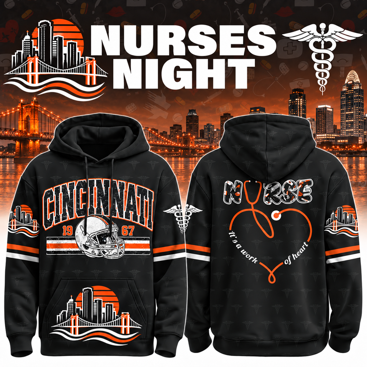 Nurses Night Football Team Spirit It’s a Work of Heart Hoodie