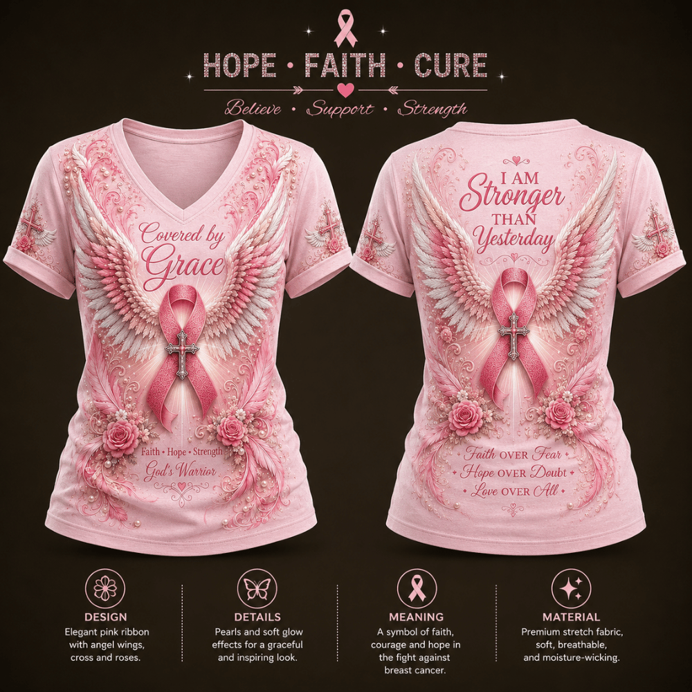 "Covered by Grace" Women's Casual Breast Cancer Awareness Print T-Shirt