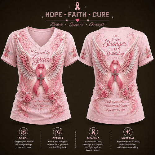 "Covered by Grace" Women's Casual Breast Cancer Awareness Print T-Shirt