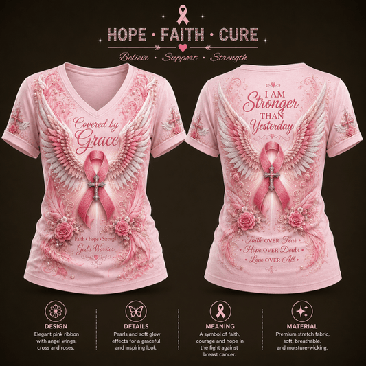"Covered by Grace" Women's Casual Breast Cancer Awareness Print T-Shirt