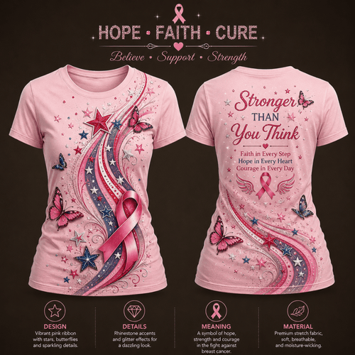 Stronger Than You Think Women's Casual Breast Cancer Awareness Print T-Shirt