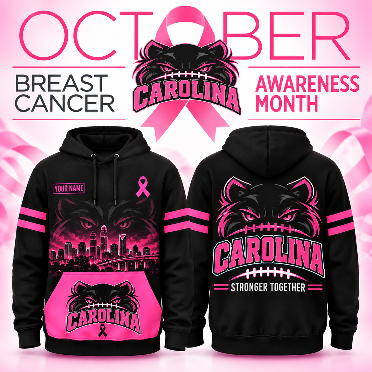 Personalized Football Team Spirit Breast Cancer Awareness Stronger Together Hoodie