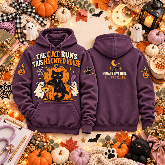 Cute Spooky Season Halloween Hoodie – Style 08: Cat Runs This Haunted House