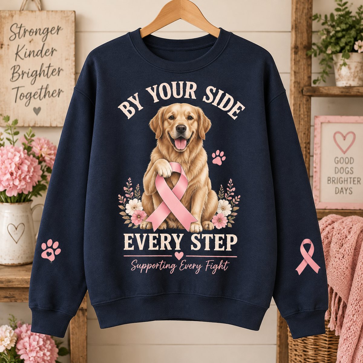 By Your Side Every Step Breast Cancer Awareness Dog Sweatshirt – view 1