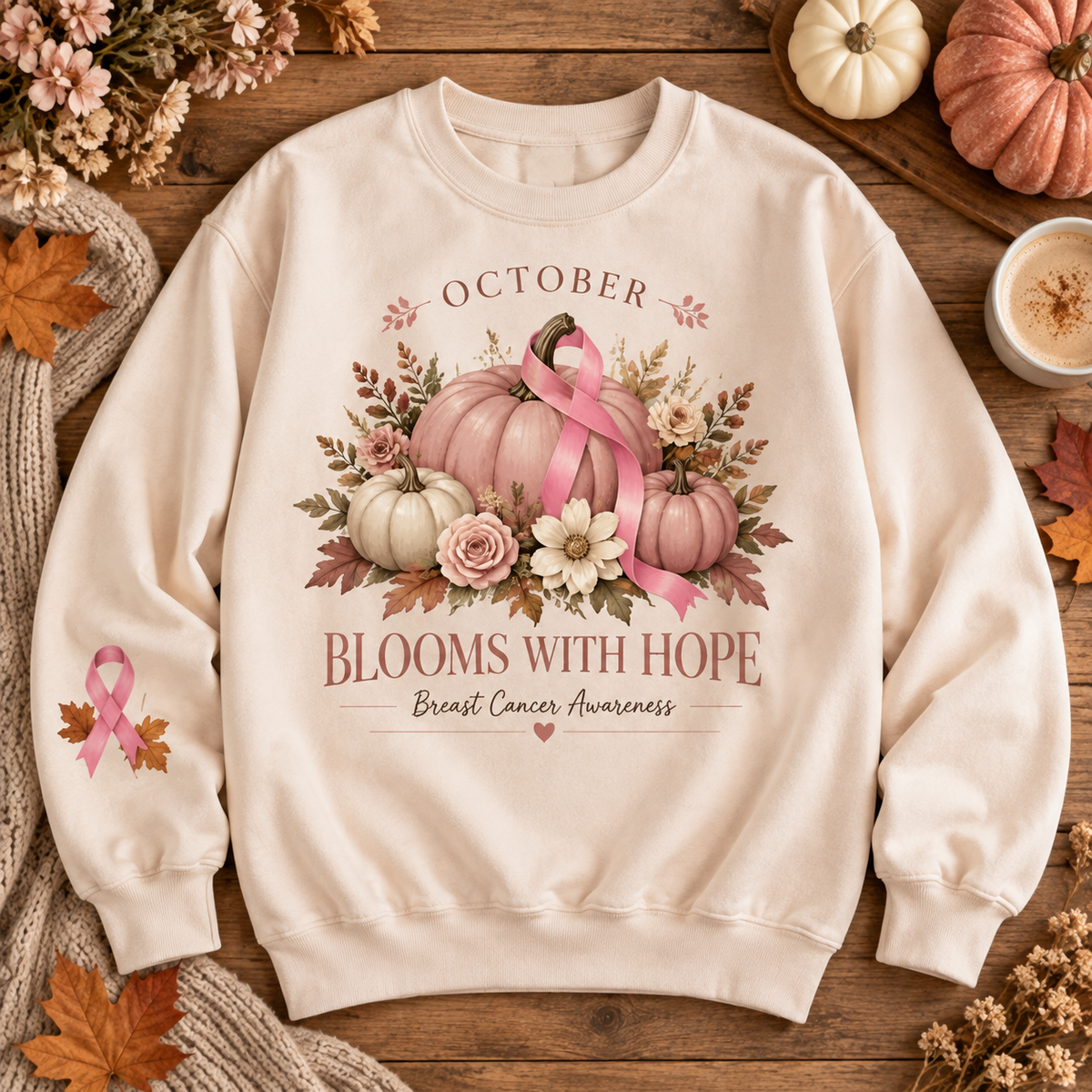 October Blooms With Hope Breast Cancer Awareness Pumpkin Sweatshirt – view 2
