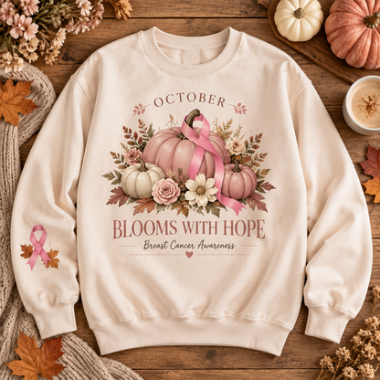October Blooms With Hope Breast Cancer Awareness Pumpkin Sweatshirt – view 2