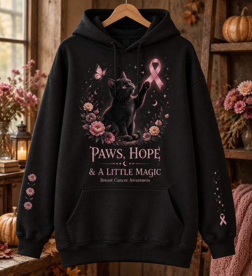 Paws Hope & A Little Magic Black Cat Breast Cancer Awareness Hoodie