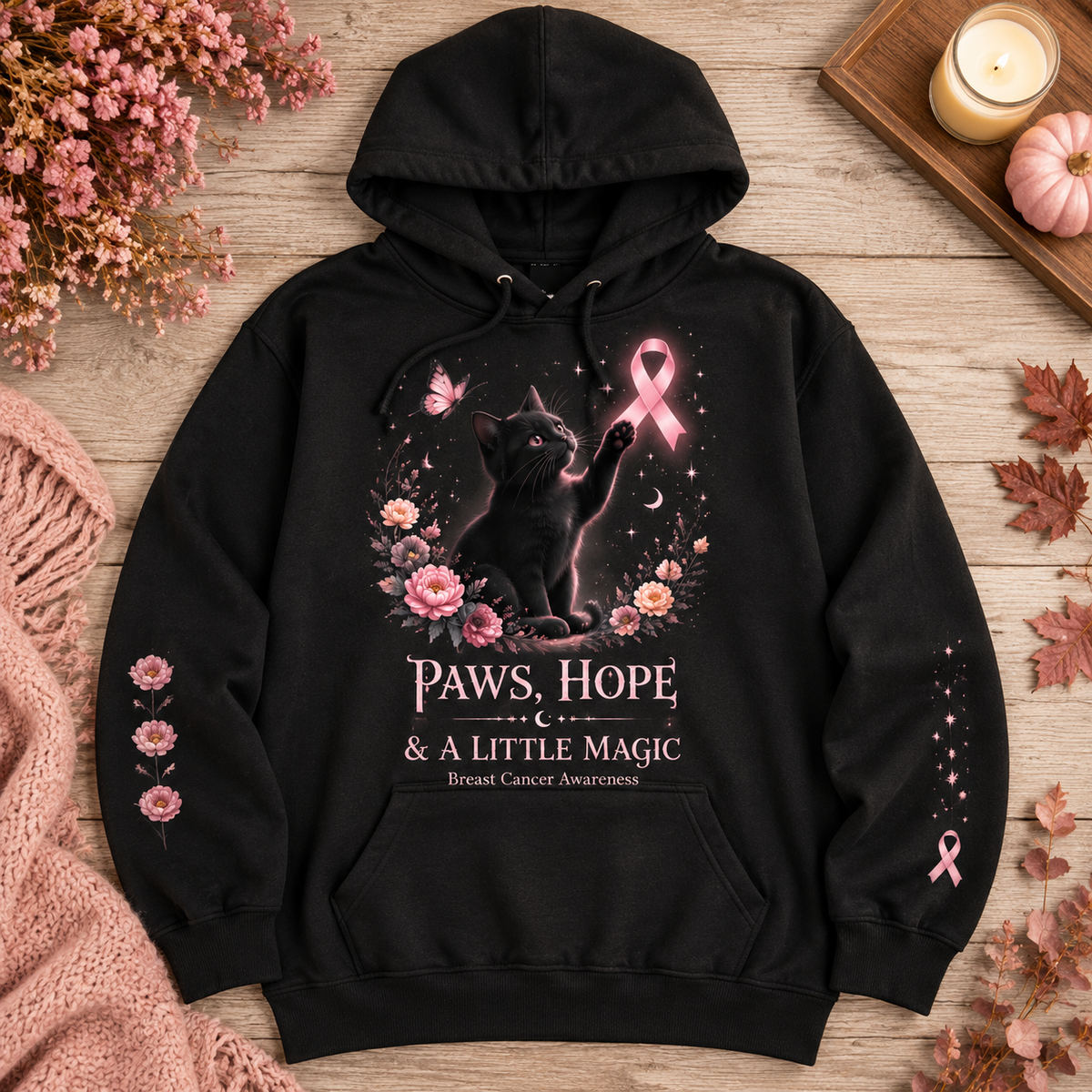 Paws Hope & A Little Magic Black Cat Breast Cancer Awareness Hoodie