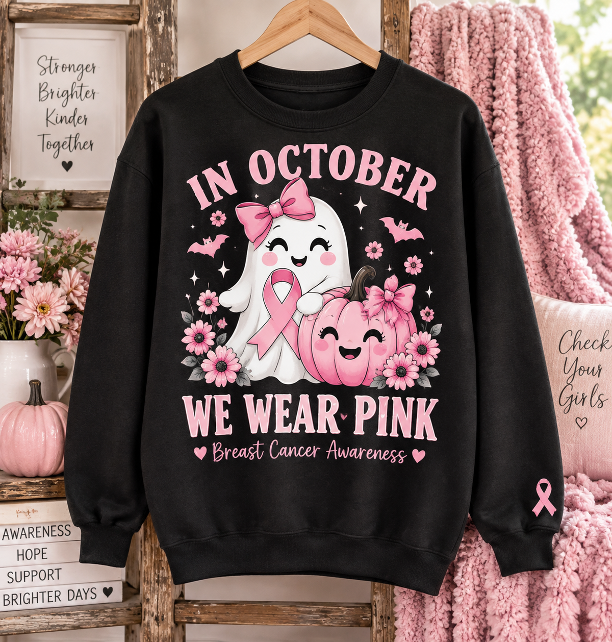 In October We Wear Pink Ghost Pumpkin Breast Cancer Awareness Sweatshirt