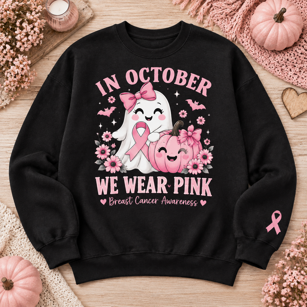 In October We Wear Pink Ghost Pumpkin Breast Cancer Awareness Sweatshirt