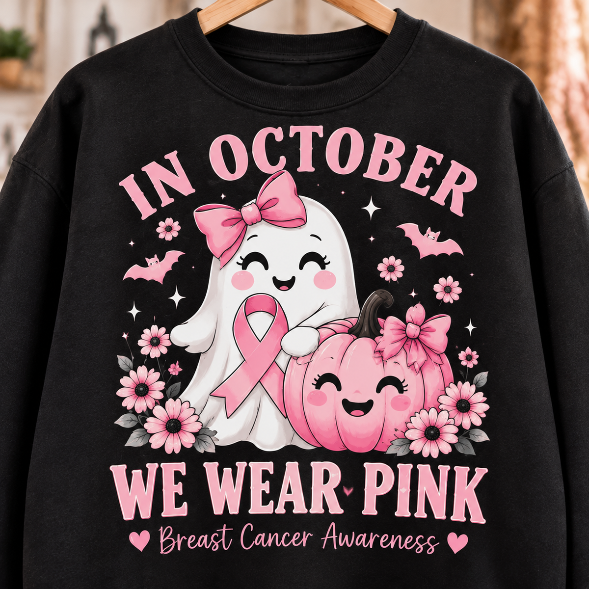 In October We Wear Pink Ghost Pumpkin Breast Cancer Awareness Sweatshirt