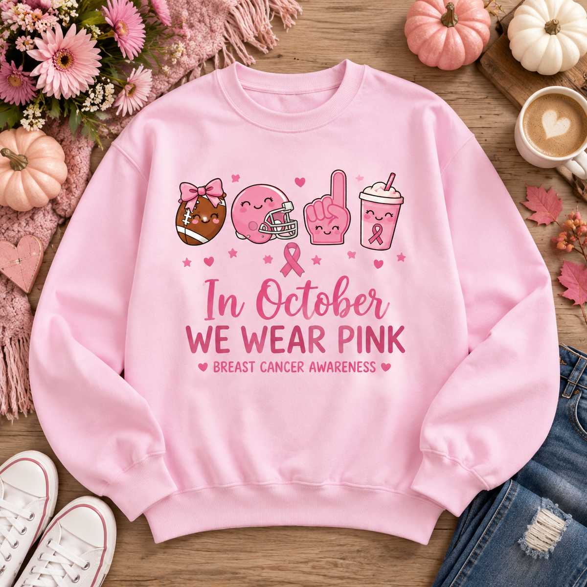 In October We Wear Pink Football Breast Cancer Awareness Sweatshirt