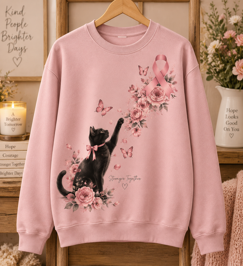 Stronger Together Black Cat Pink Ribbon Breast Cancer Awareness Sweatshirt