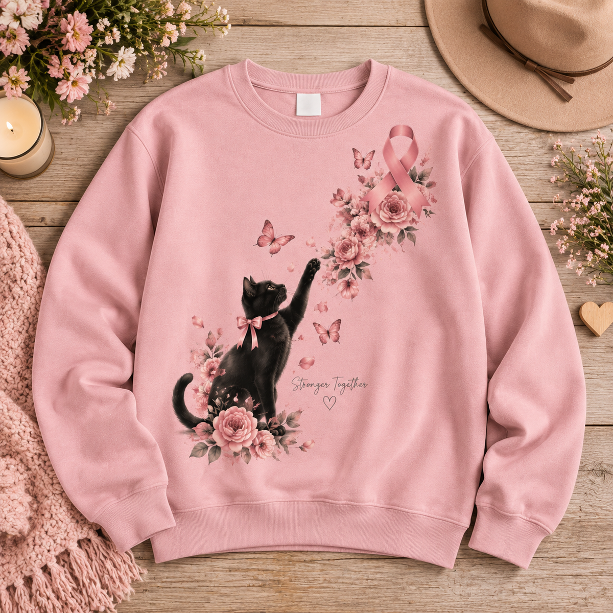 Stronger Together Black Cat Pink Ribbon Breast Cancer Awareness Sweatshirt