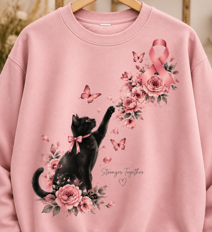 Stronger Together Black Cat Pink Ribbon Breast Cancer Awareness Sweatshirt