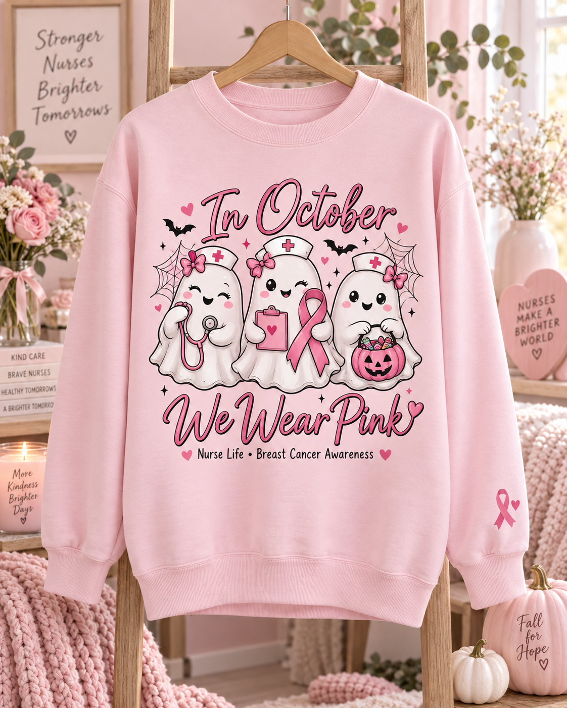 In October We Wear Pink Nurse Ghost Halloween Breast Cancer Awareness Sweatshirt