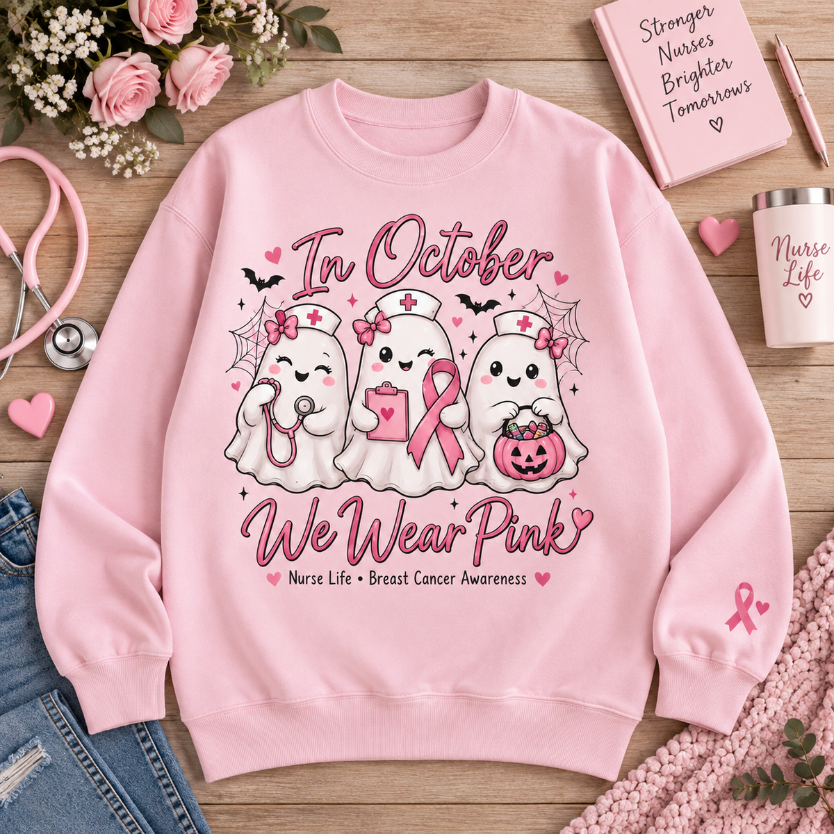 In October We Wear Pink Nurse Ghost Halloween Breast Cancer Awareness Sweatshirt