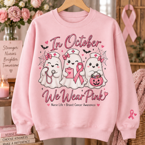 In October We Wear Pink Nurse Ghost Halloween Breast Cancer Awareness Sweatshirt