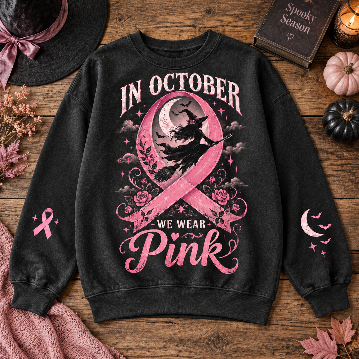 In October We Wear Pink Witch Halloween Breast Cancer Awareness Sweatshirt