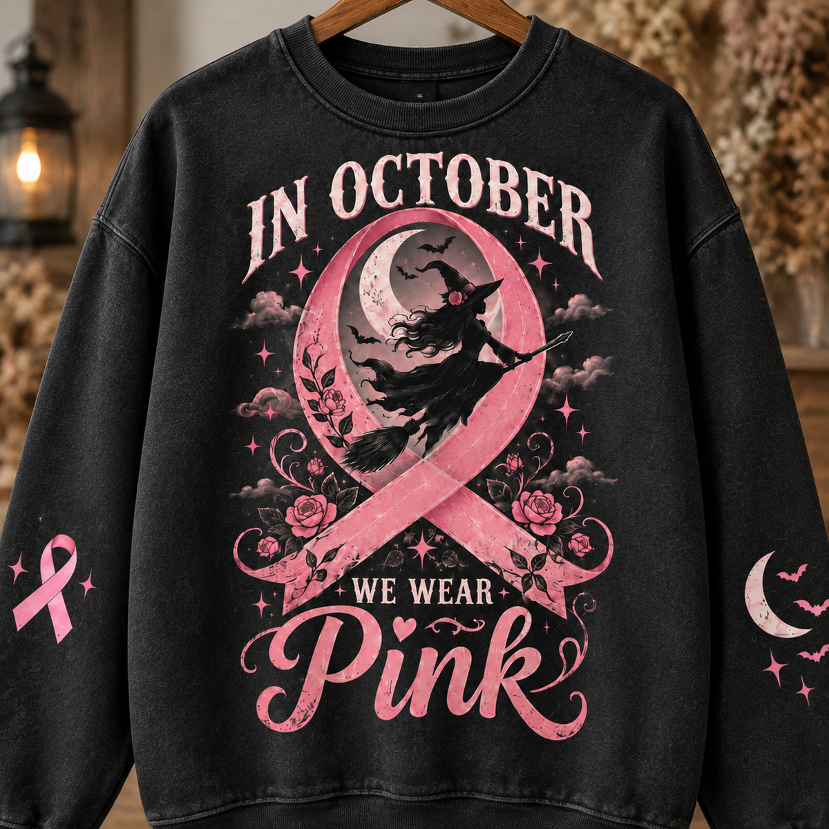 In October We Wear Pink Witch Halloween Breast Cancer Awareness Sweatshirt