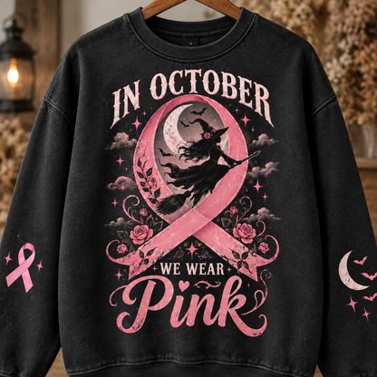 In October We Wear Pink Witch Halloween Breast Cancer Awareness Sweatshirt