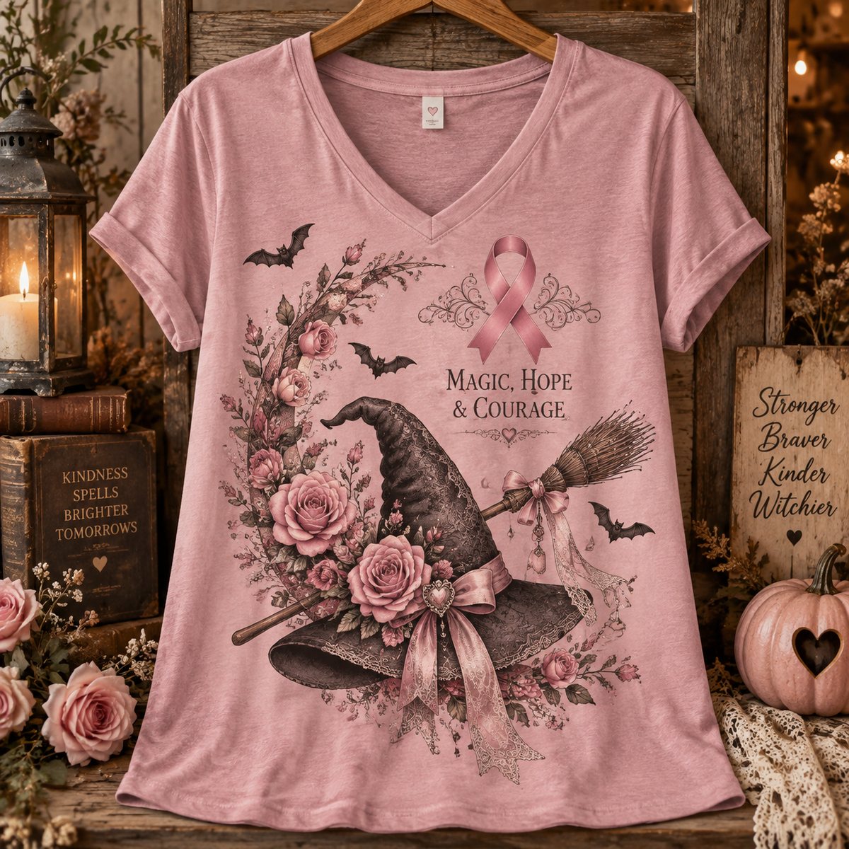 Magic Hope & Courage Witch Hat Breast Cancer Awareness V-Neck T-Shirt