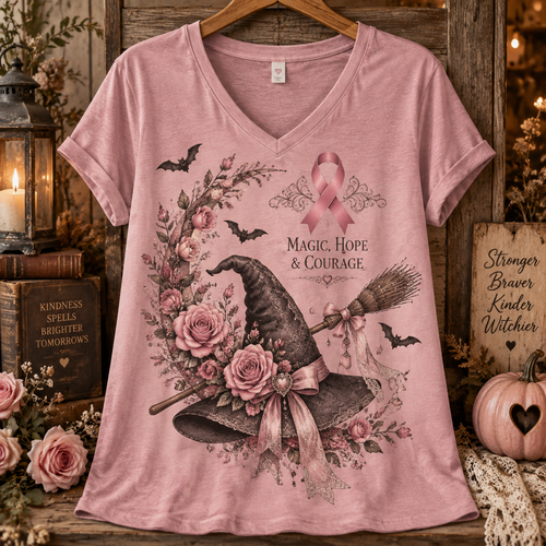 Magic Hope & Courage Witch Hat Breast Cancer Awareness V-Neck T-Shirt