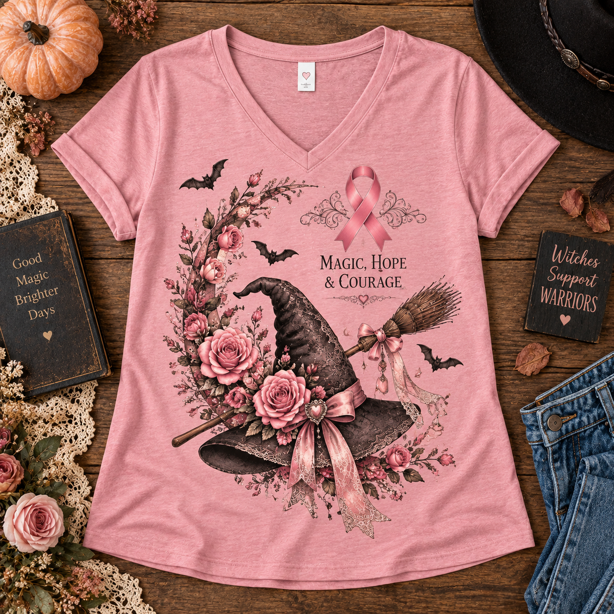 Magic Hope & Courage Witch Hat Breast Cancer Awareness V-Neck T-Shirt