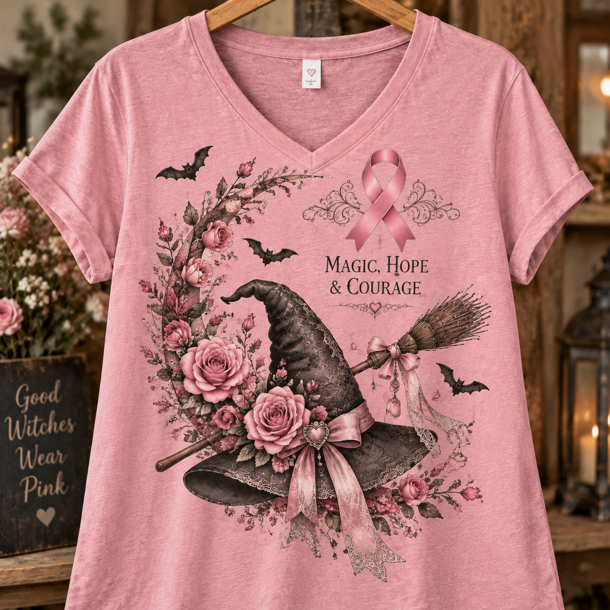 Magic Hope & Courage Witch Hat Breast Cancer Awareness V-Neck T-Shirt