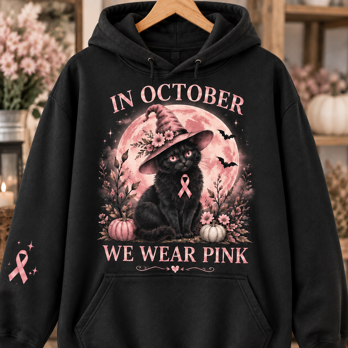 In October We Wear Pink Black Cat Witch Halloween Breast Cancer Awareness Hoodie