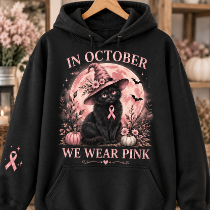 In October We Wear Pink Black Cat Witch Halloween Breast Cancer Awareness Hoodie